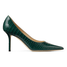 Dark green croco leather high quality thin heel basic style high heel shoes for women